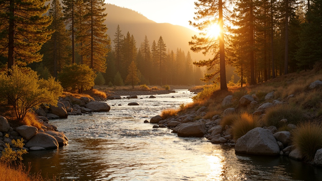 The Deschutes River through Bend, Oregon in warm afternoon light